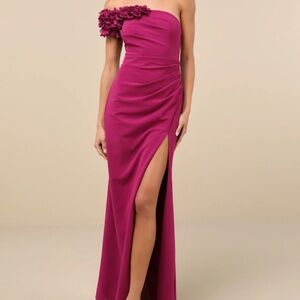 Lulu's Fuchsia One-Shoulder Dress with Floral Accent